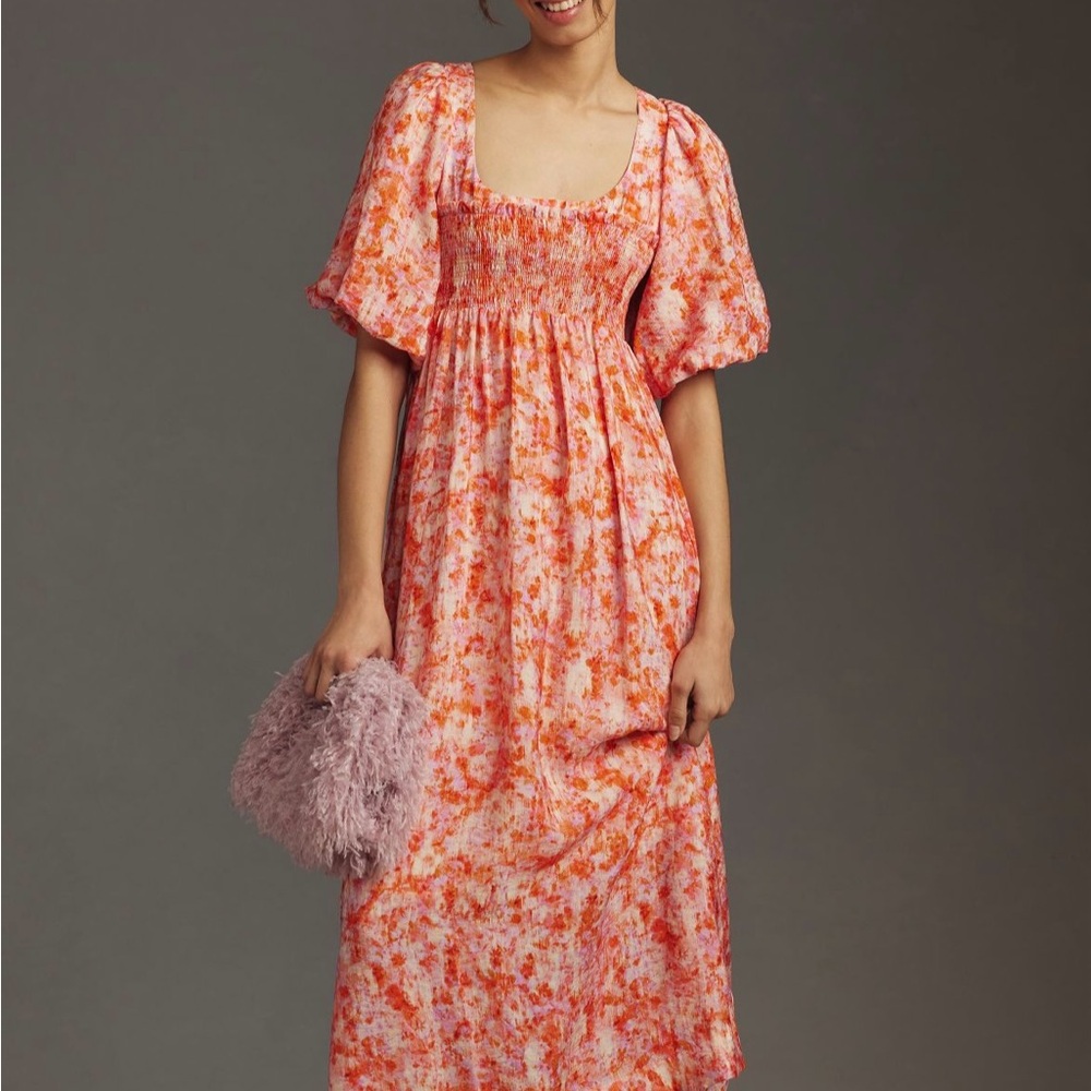 By Anthropologie Short-Sleeve Smocked Babydoll Midi Dress NWT